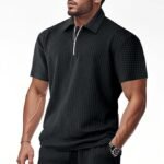 DMOYALA Mens Zipper Polo Shirts | Short Sleeve Waffle Texture Tee | Loose Fit Casual Summer Polo | Solid Color Stylish Streetwear Top | Breathable Comfort Fit - Image 3