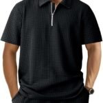 DMOYALA Mens Zipper Polo Shirts | Short Sleeve Waffle Texture Tee | Loose Fit Casual Summer Polo | Solid Color Stylish Streetwear Top | Breathable Comfort Fit