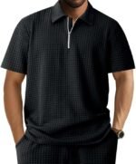 DMOYALA Mens Zipper Polo Shirts | Short Sleeve Waffle Texture Tee | Loose Fit Casual Summer Polo | Solid Color Stylish Streetwear Top | Breathable Comfort Fit