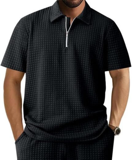 DMOYALA Mens Zipper Polo Shirts | Short Sleeve Waffle Texture Tee | Loose Fit Casual Summer Polo | Solid Color Stylish Streetwear Top | Breathable Comfort Fit